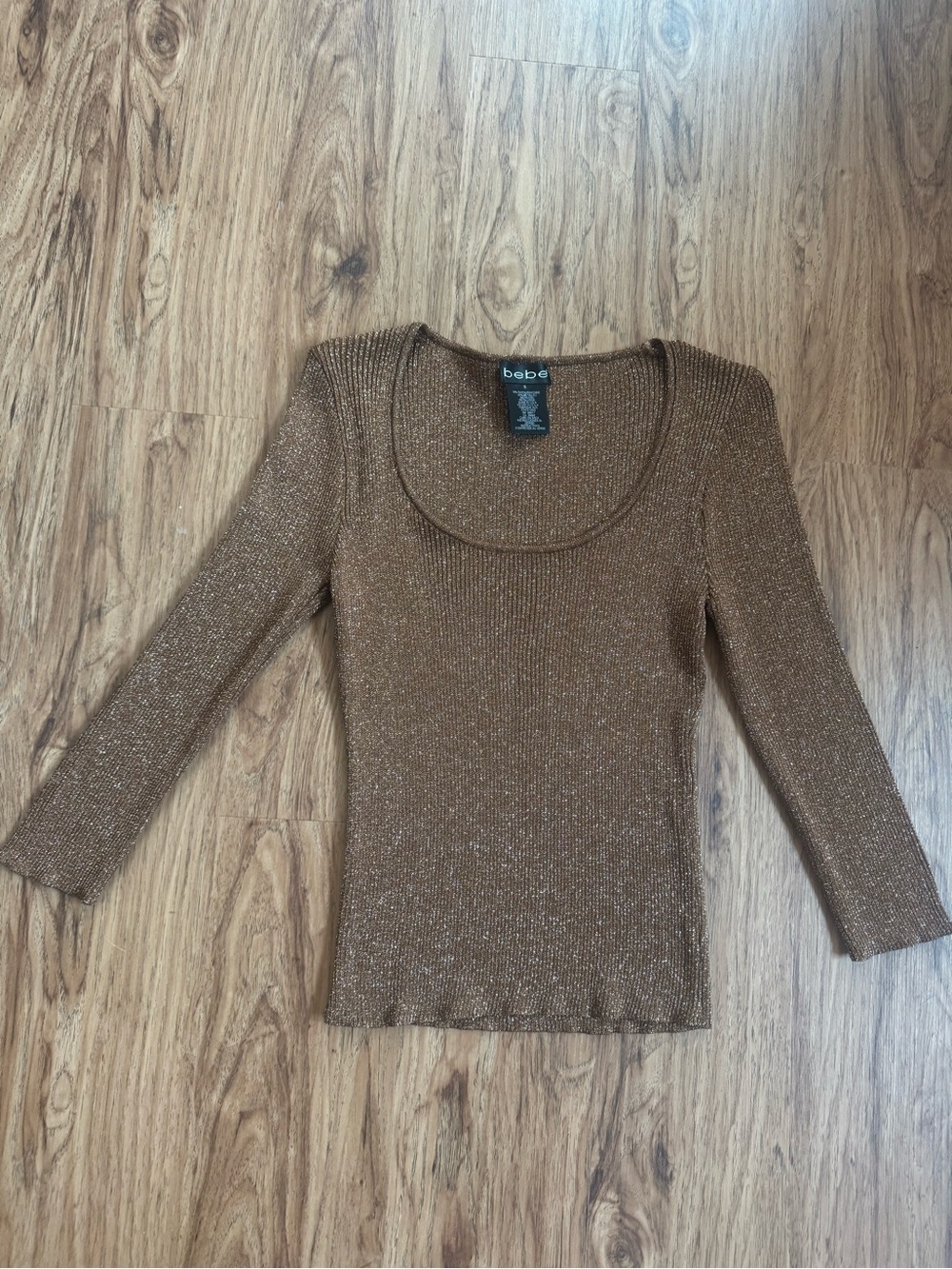 bebe Metallic Bronze Scoop Neck Long Sleeve Top